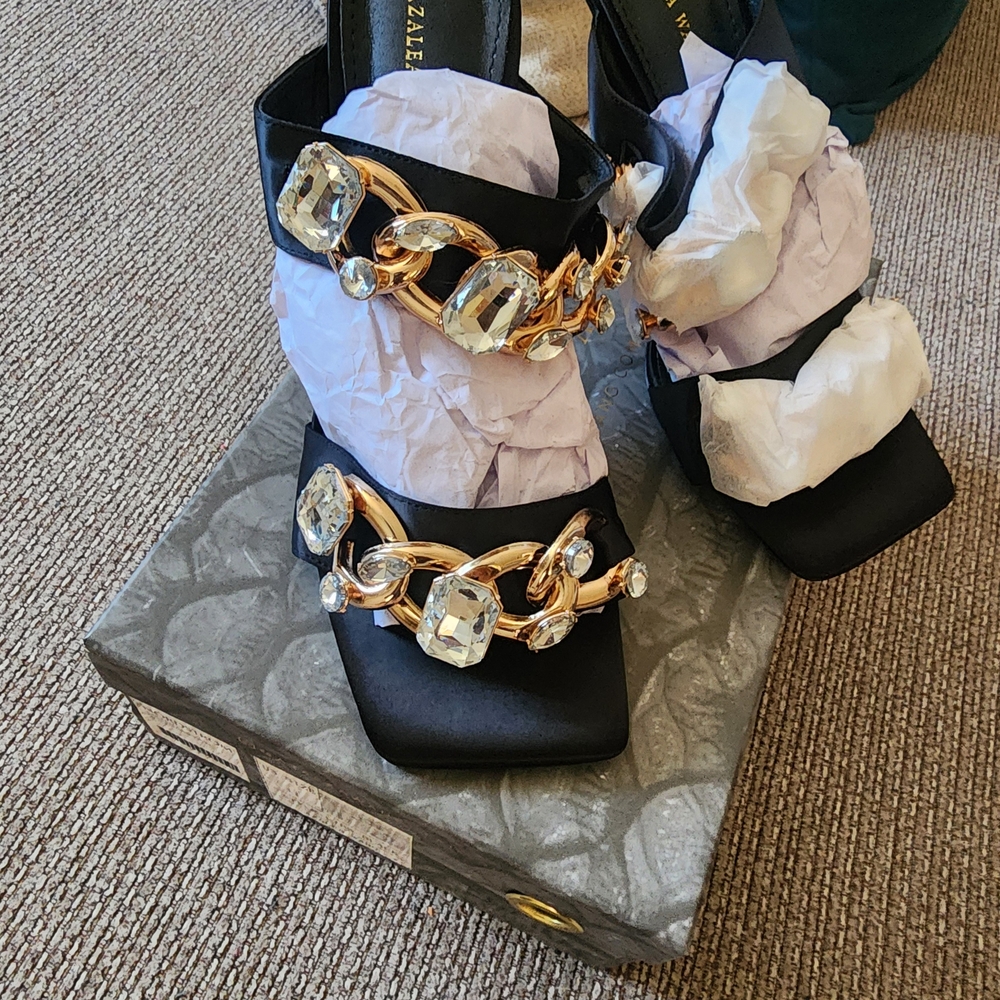 New!! Black Heeled Sandals with Gold Chain & Crystal Accents